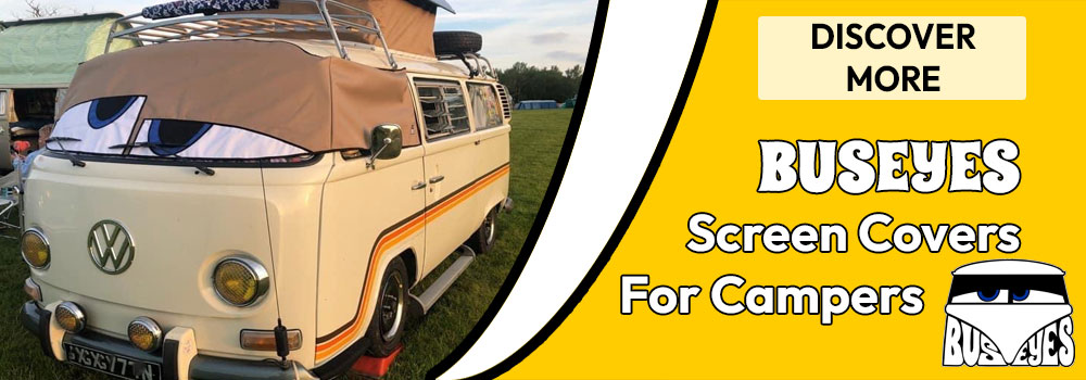 Picture link showing a VW Baywindow campervan cab with BusEyes screen cover fitted to the front windscreen.